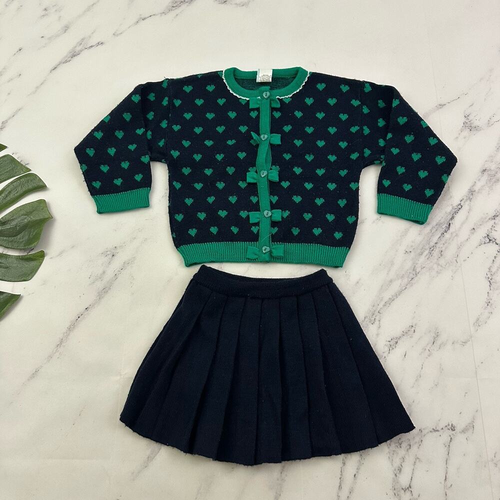 Vintage 80s Toddler Girls Sweater Skirt Set Size 3T Navy Blue Green Hearts Bows